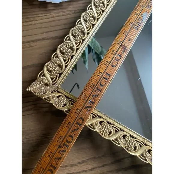 Vintage Filigree Vanity Dresser Tray Mirrored Footed Tray Gold Metal Ornate Vintage Filigree Vanity Dresser Tray Mirrored Footed Tray Gold Metal Ornate